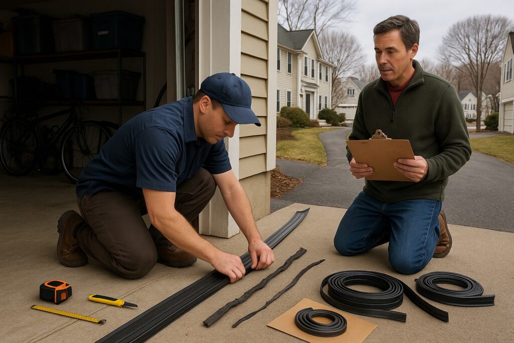 Technician preparing garage door weather stripping materials while homeowner reviews checklist for installation.