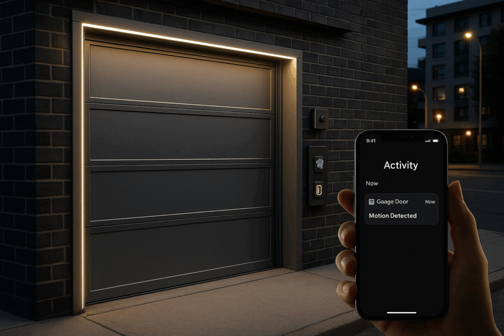 Smartphone monitoring advanced secure garage door system after garage door repairs.