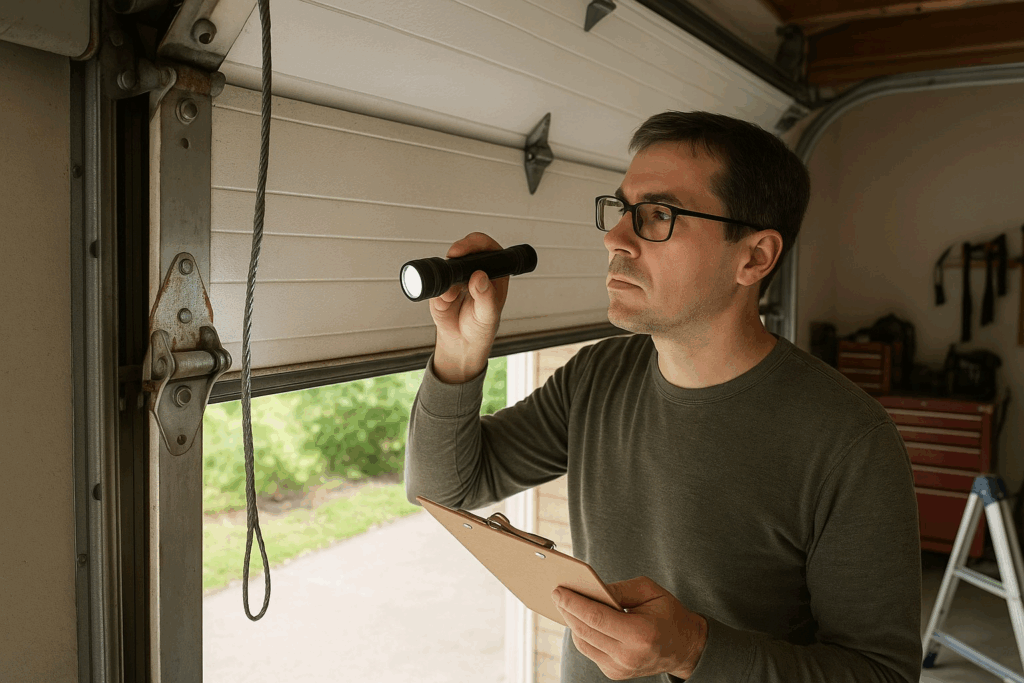 Technician inspecting a garage door with flashlight and clipboard for garage door repairs.