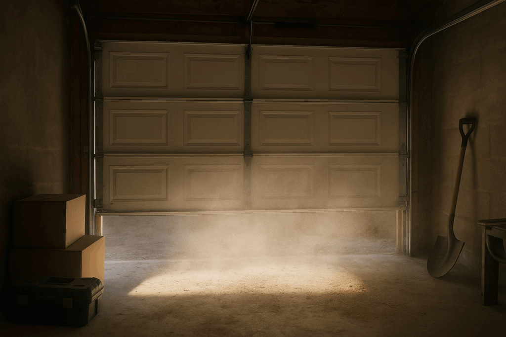 Sunlight and dust entering through gap under garage door, showing poor seal and need to repair garage door.