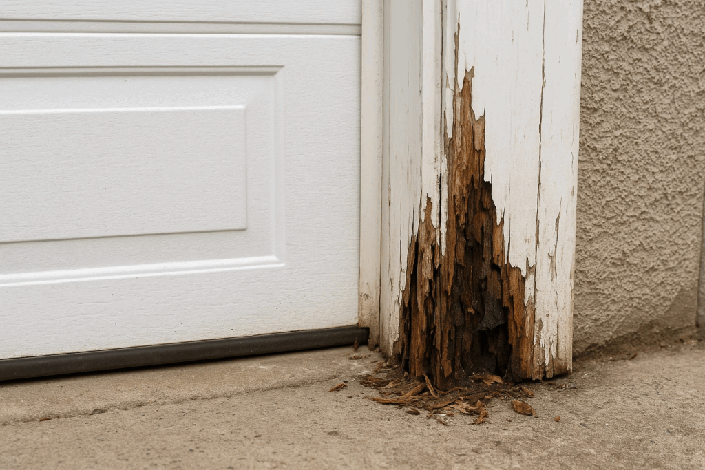 Severely rotted wooden garage door frame at the bottom, showing structural damage and the need to repair garage door.