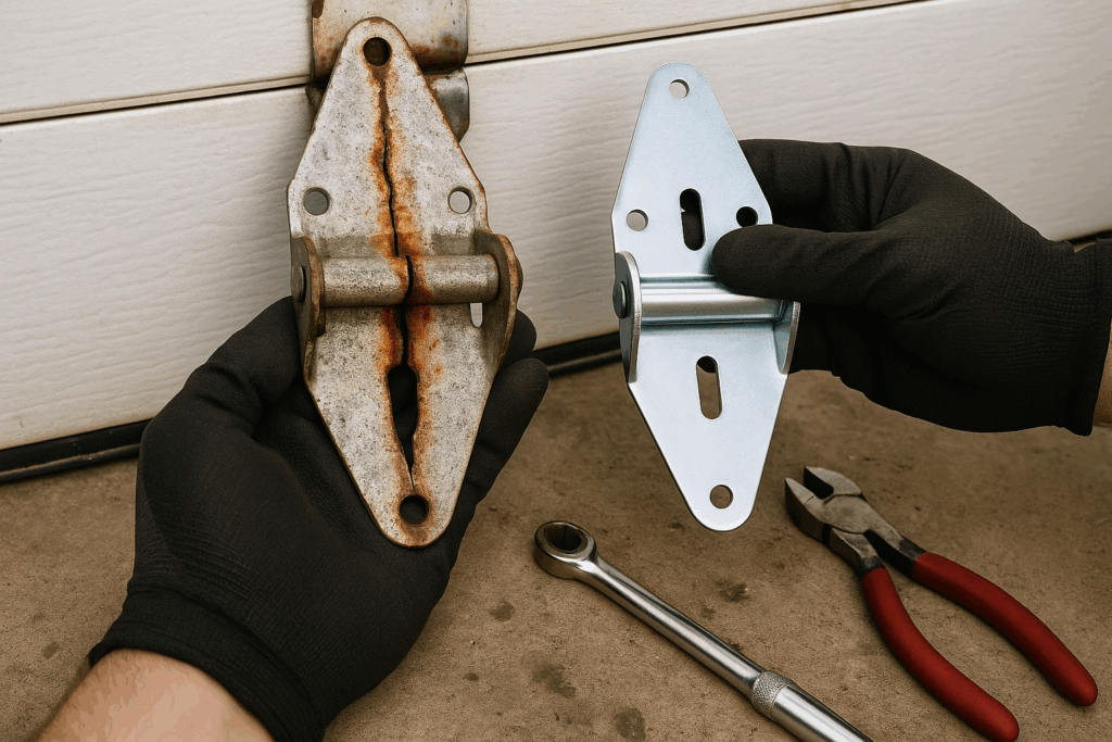 Technician replacing a rusted hinge with a new part during commercial garage door repair.
