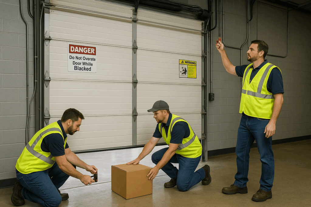 Workers testing sensors and safety features during commercial garage door repair.