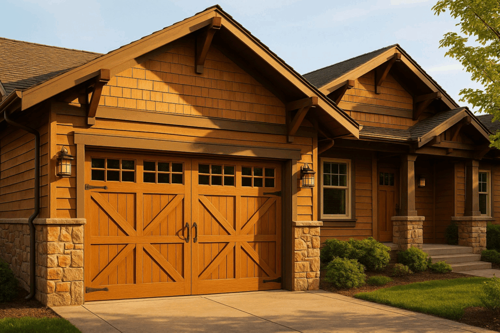 Wood-style modern garage doors with decorative handles on craftsman home.