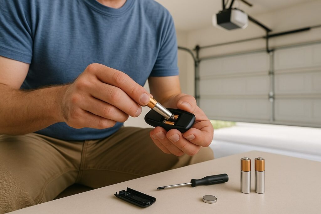Homeowner performing garage door maintenance by replacing batteries in remote control for reliable door operation.