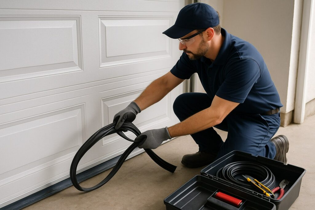 Technician performing garage door maintenance by installing a new rubber bottom seal for better insulation and protection.