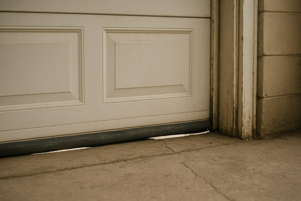 Close-up of a worn bottom seal during a garage door tune-up, showing gaps and cracks that reduce insulation and energy efficiency.