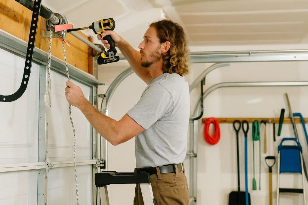 Technician performing a garage door tune-up, tightening the torsion spring components to ensure safe and balanced door operation.