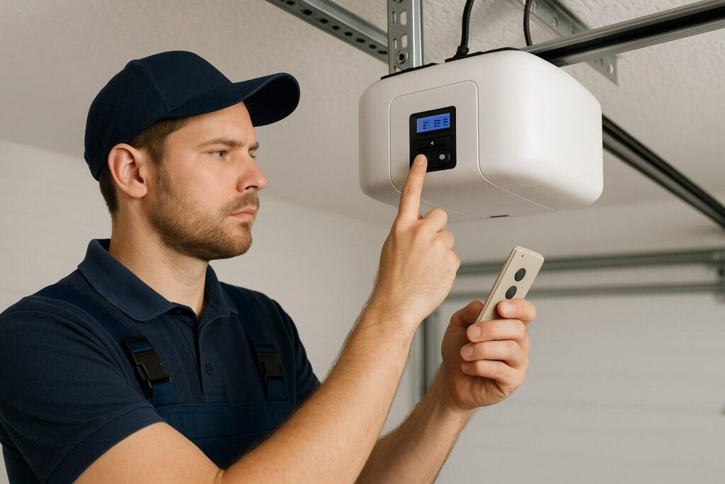 Professional technician programming smart system during garage door opener repair in residential garage.