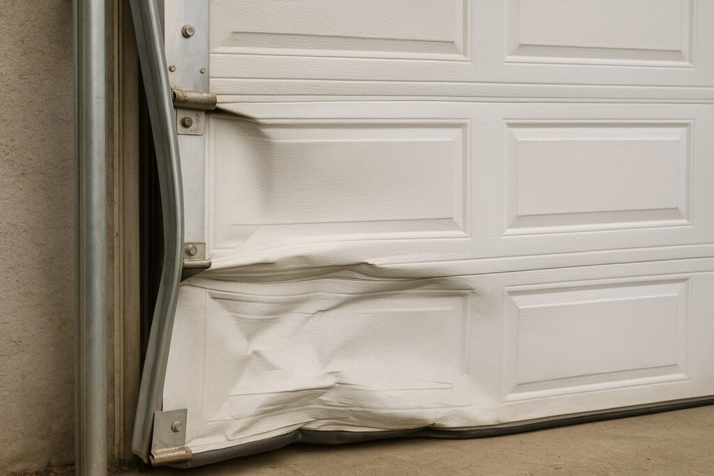 Garage door repair showing a dented and bent residential garage door panel with damage near the bottom section.